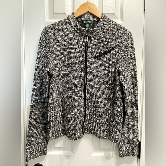 Lauren Ralph Lauren Full Zip Women’s Jacket Tweed Moto Zip Pocket Large Gray - Picture 1 of 16